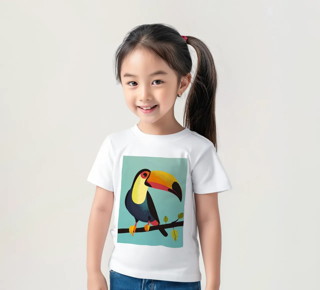 Colorful toucan perched on a branch against a turquoise art kids t-shirt by DesignDoodle