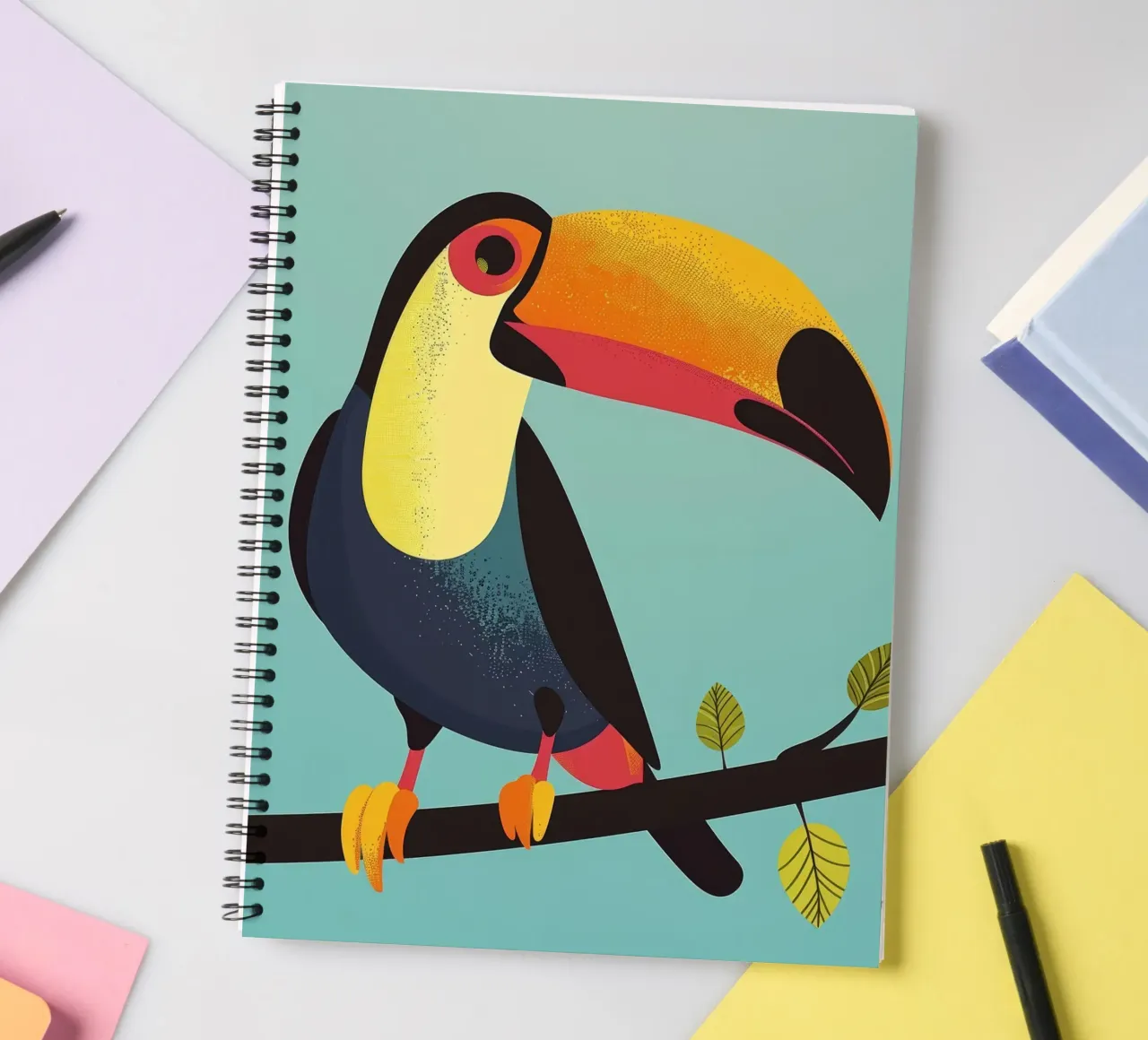 Colorful toucan perched on a branch against a turquoise art spiral notebook by DesignDoodle