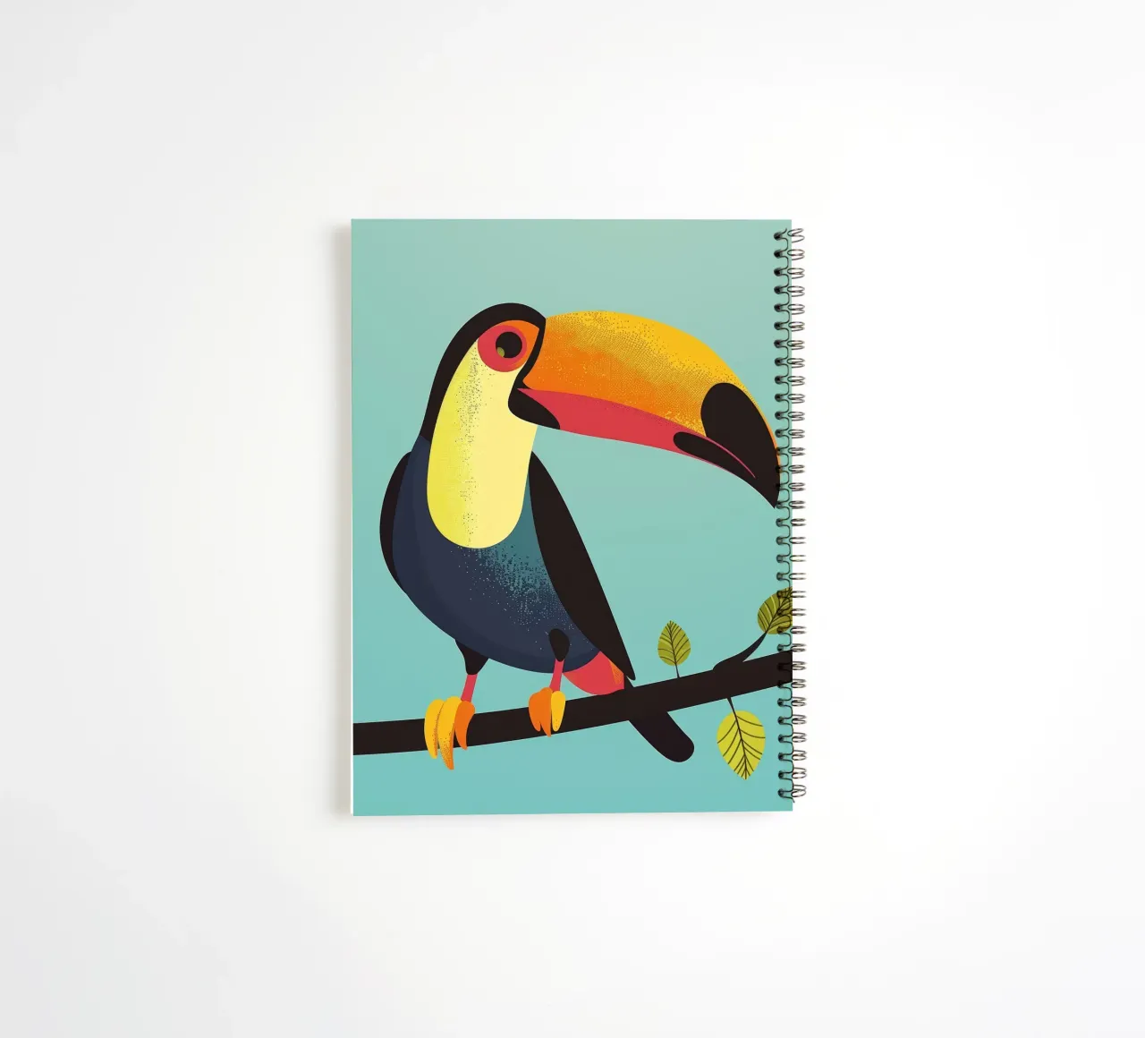 Colorful toucan perched on a branch against a turquoise art spiral notebook by DesignDoodle