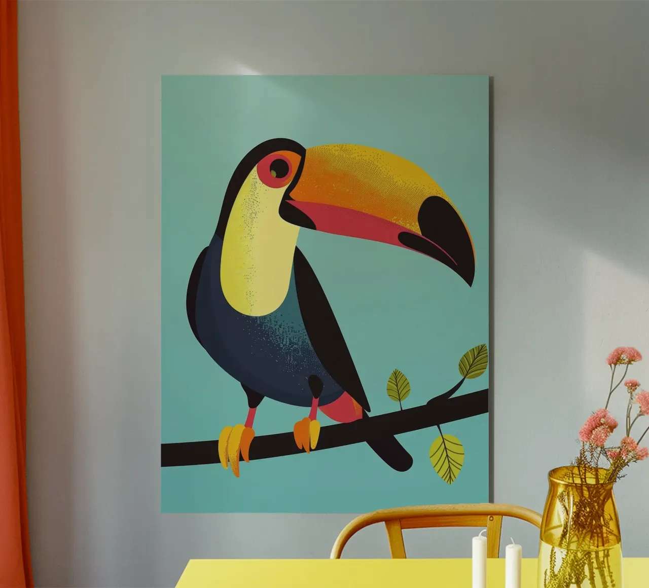 Tucano variopinto appollaiato su un ramo su un'opera d'arte turchese alluminio dibond da DesignDoodle