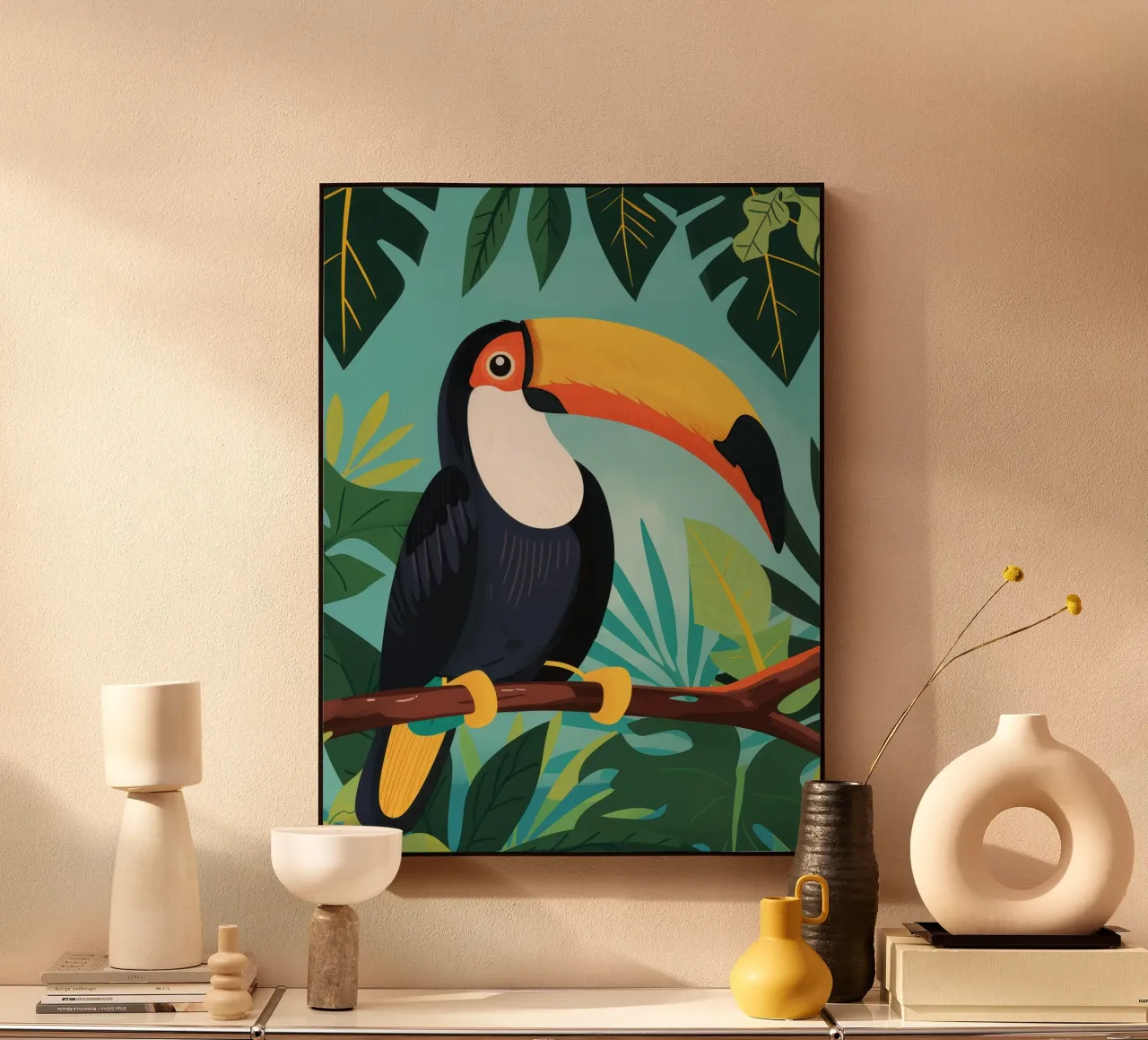 Tucano appollaiato su un ramo nella giungla di fogliame tropicale plexiglass da DesignDoodle