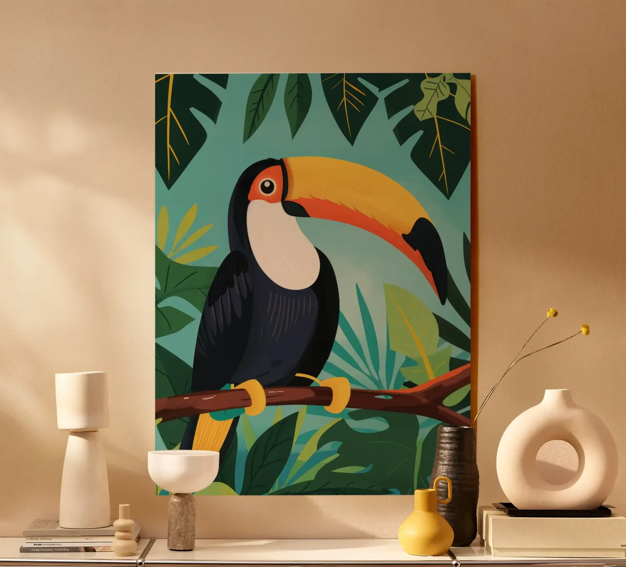 Tucano appollaiato su un ramo nella giungla di fogliame tropicale plexiglass da DesignDoodle