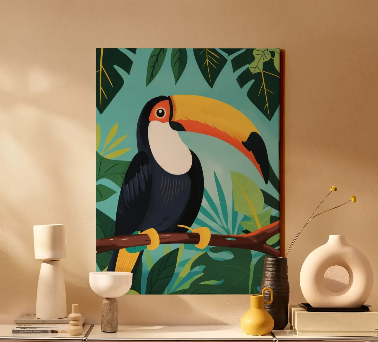 Toucan perched on a branch among tropical foliage jungle canvas by DesignDoodle