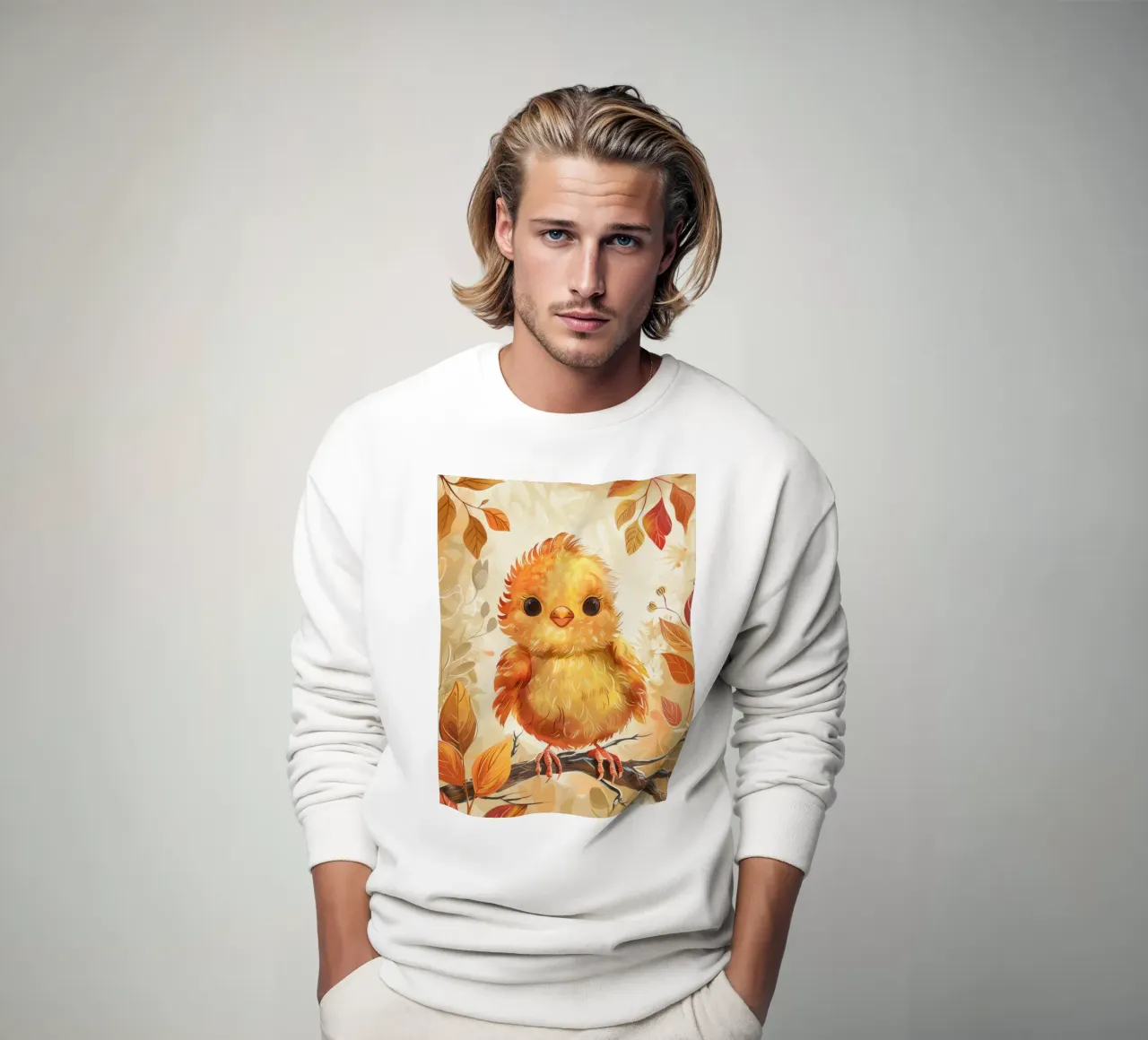 Charmant poussin jaune perché sur une branche entouré d'automne sweat de DesignDoodle
