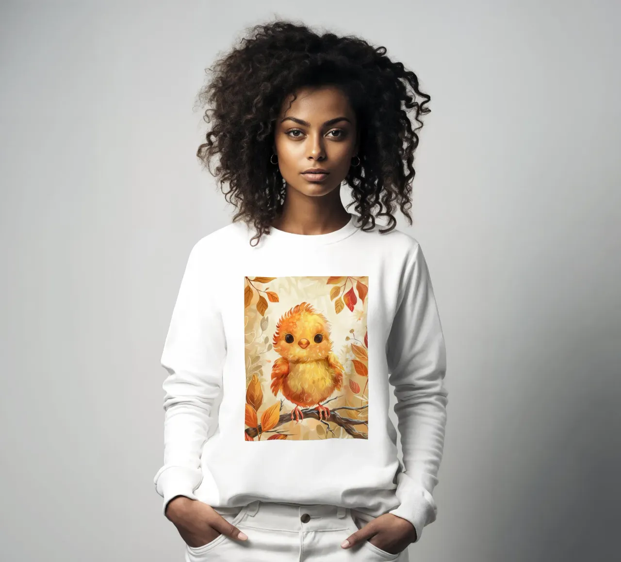 Charmant poussin jaune perché sur une branche entouré d'automne sweat de DesignDoodle