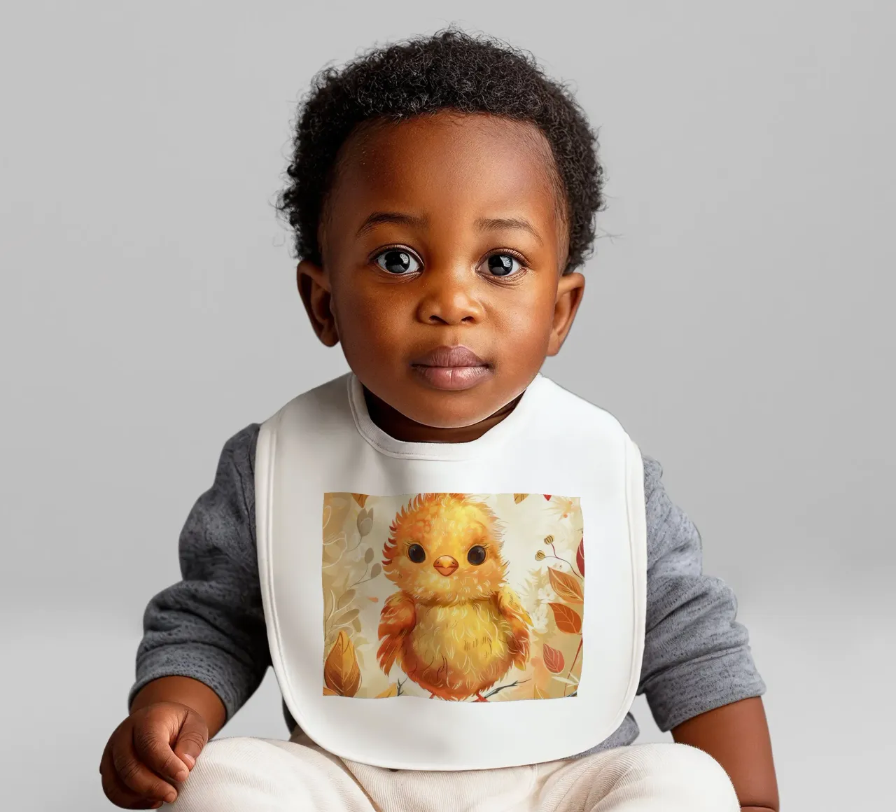 Charming yellow chick perched on branch surrounded by autum baby bib by DesignDoodle