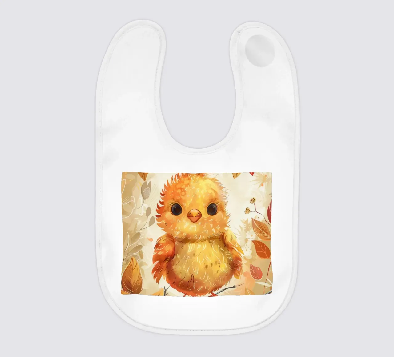 Charming yellow chick perched on branch surrounded by autum baby bib by DesignDoodle