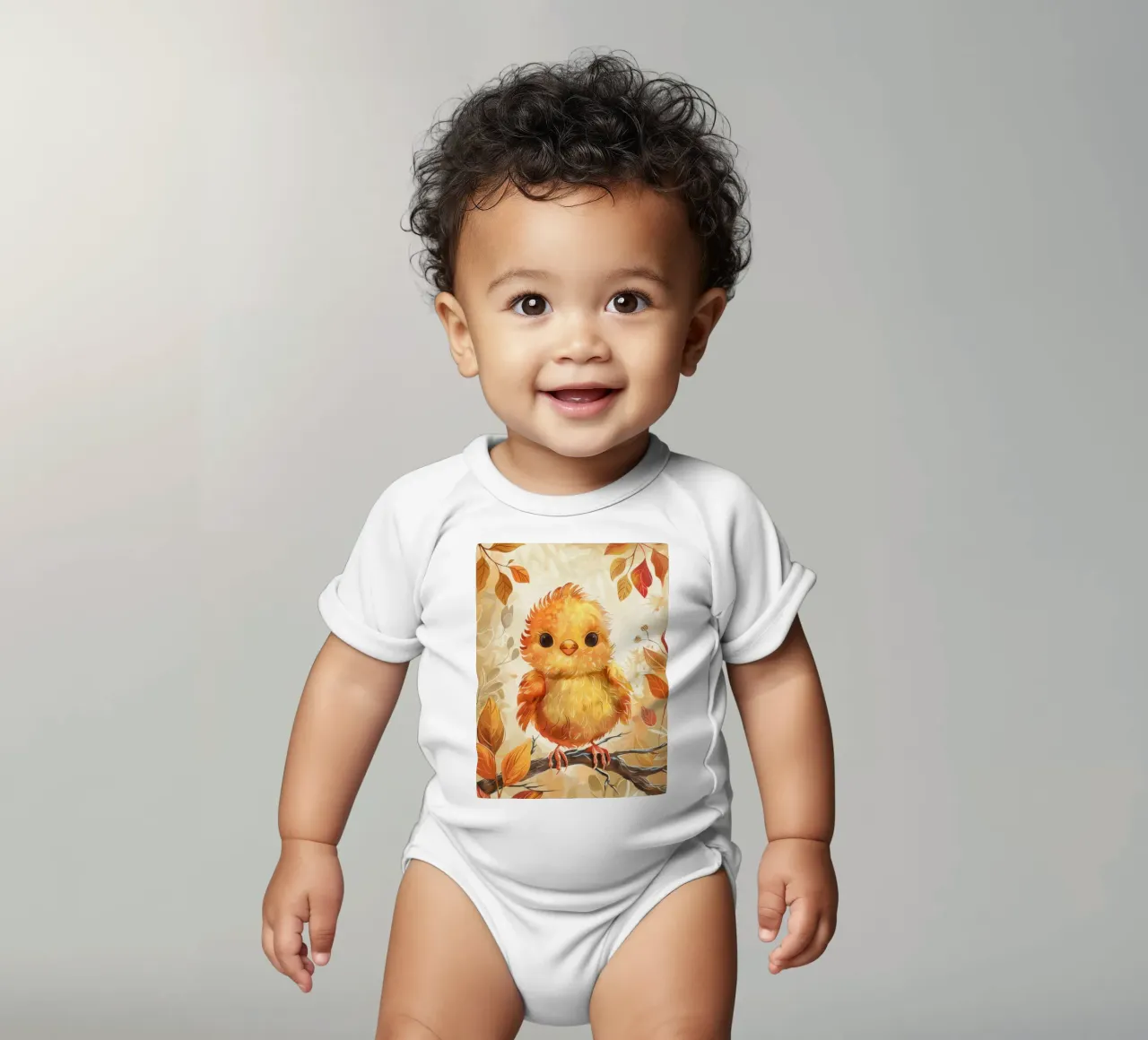 Charmant poussin jaune perché sur une branche entouré d'automne body bébé de DesignDoodle