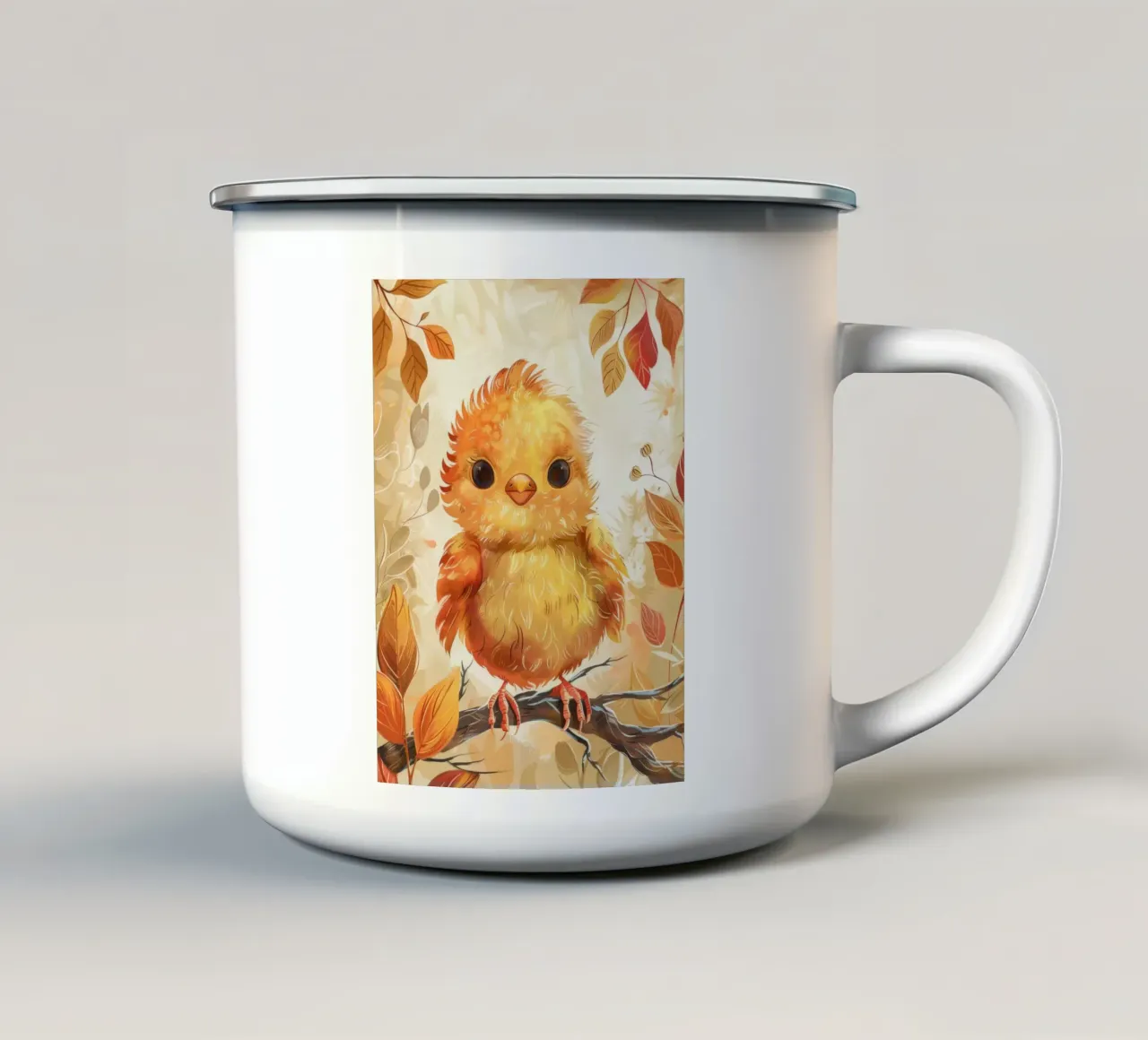Charmant poussin jaune perché sur une branche entouré d'automne mug en émail de DesignDoodle