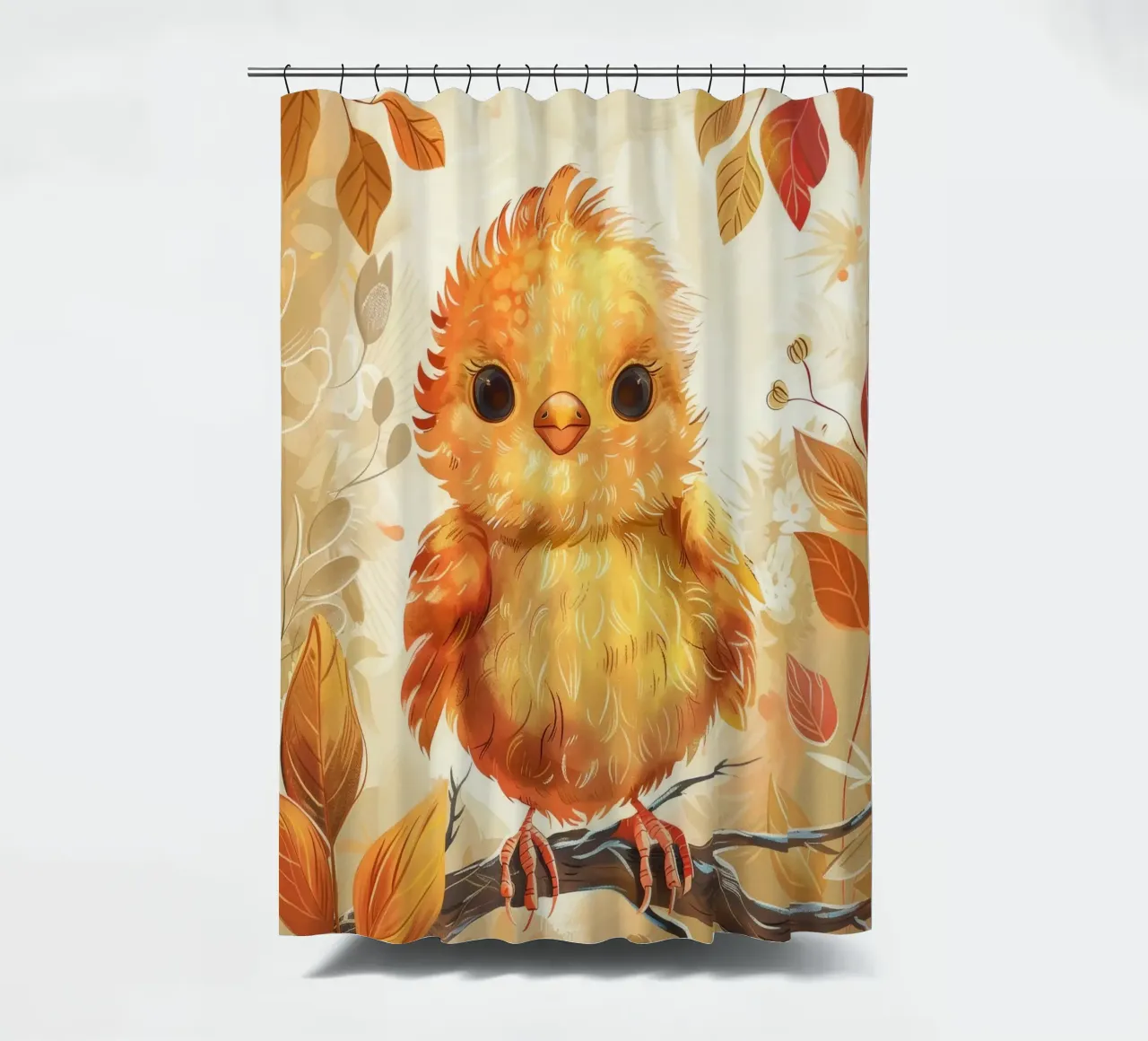 Charming yellow chick perched on branch surrounded by autum shower curtain by DesignDoodle