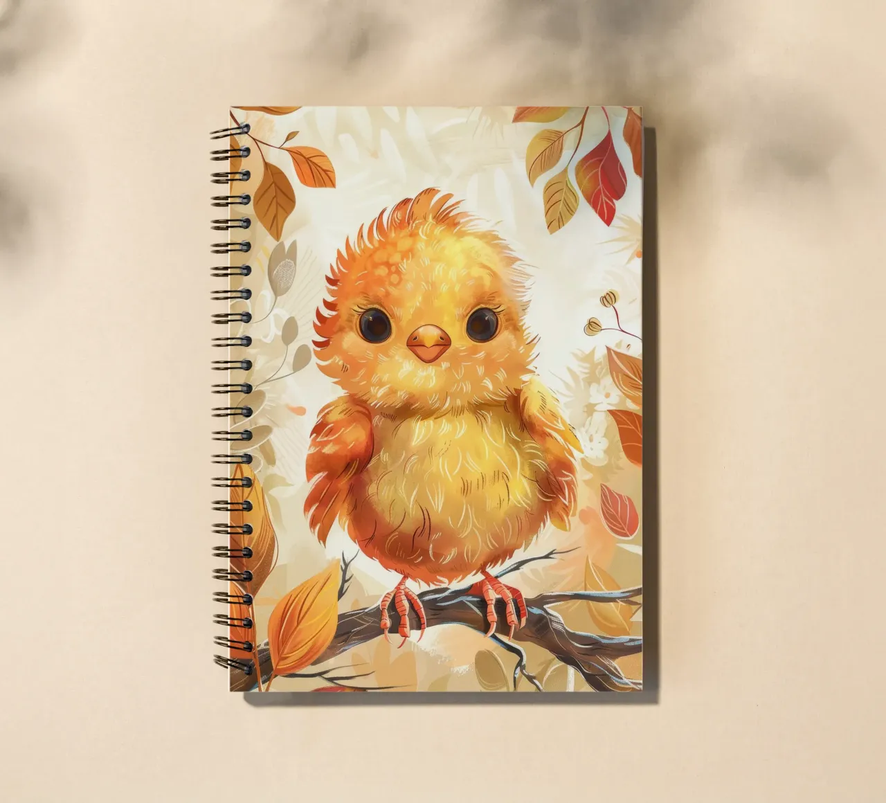 Charmant poussin jaune perché sur une branche entouré d'automne carnet à spirale de DesignDoodle