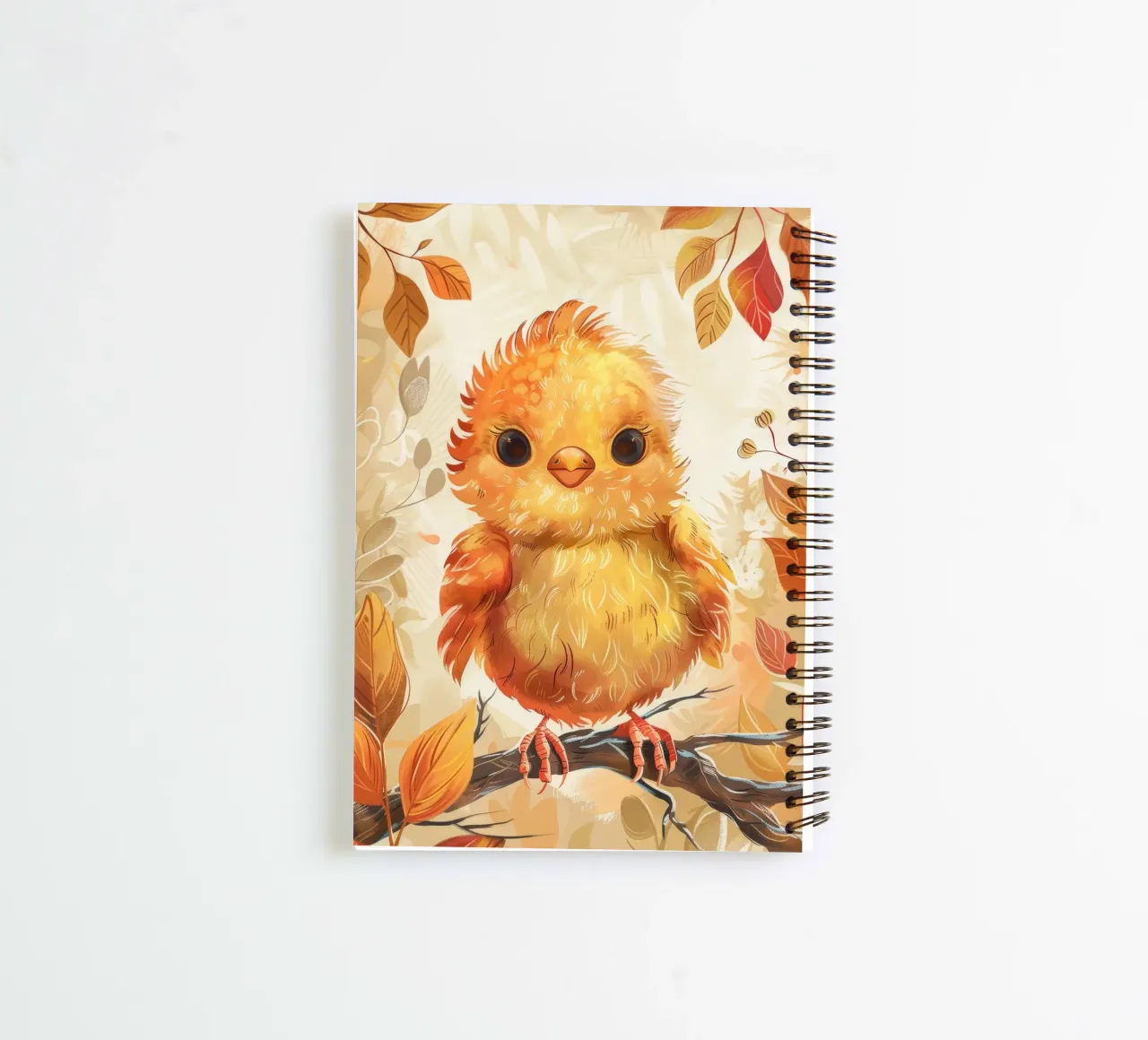 Charmant poussin jaune perché sur une branche entouré d'automne carnet à spirale de DesignDoodle