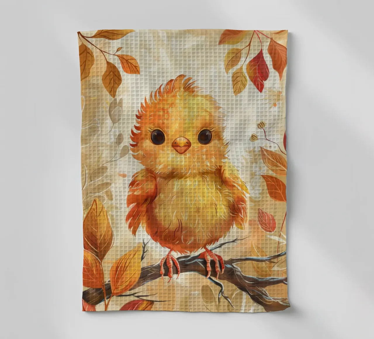 Charmant poussin jaune perché sur une branche entouré d'automne torchon de DesignDoodle