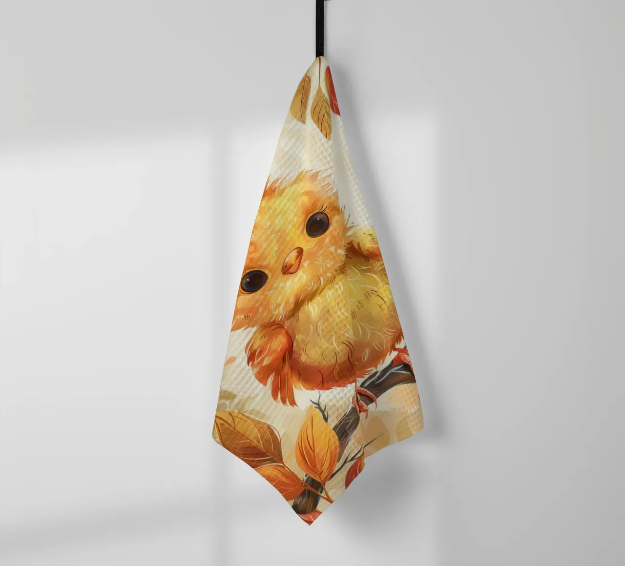 Charmant poussin jaune perché sur une branche entouré d'automne torchon de DesignDoodle