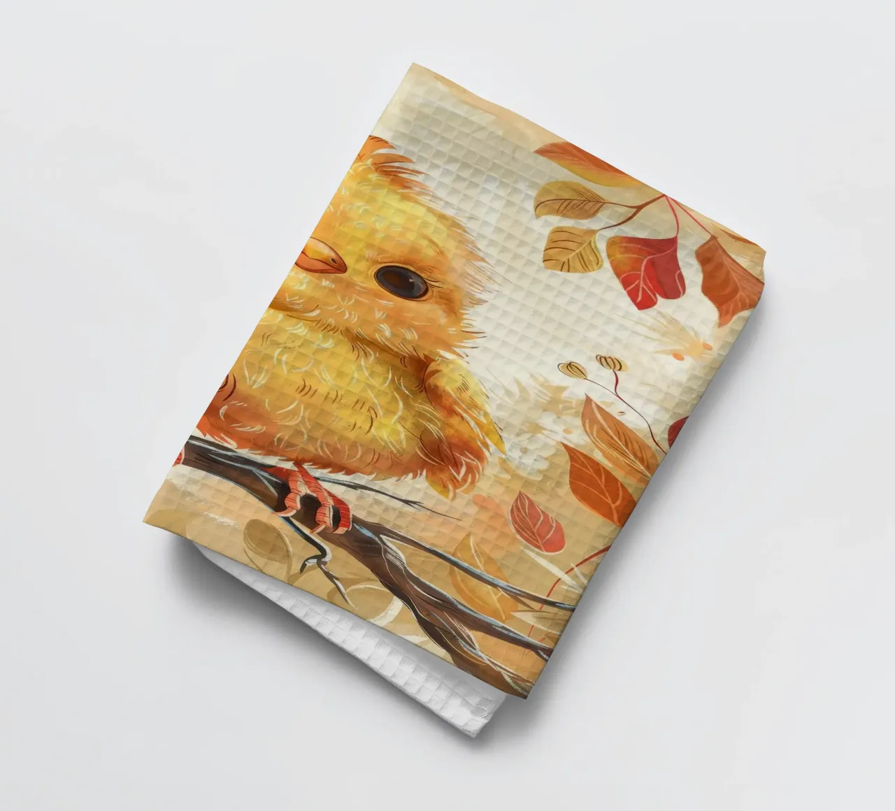 Charmant poussin jaune perché sur une branche entouré d'automne torchon de DesignDoodle