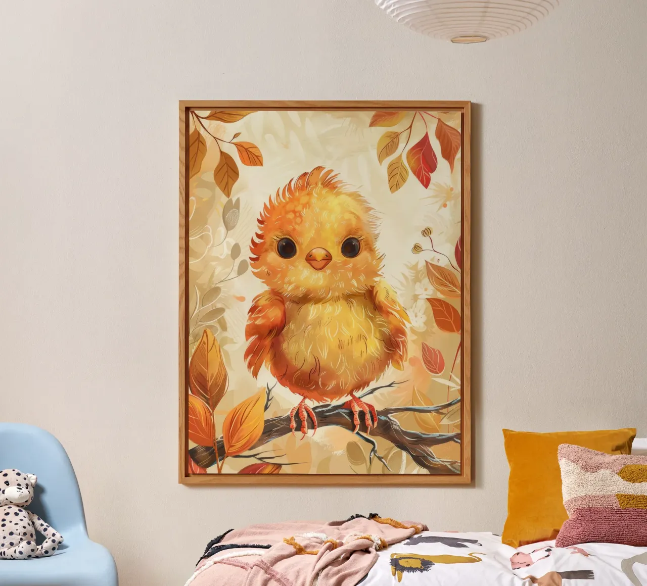 Charmant poussin jaune perché sur une branche entouré d'automne alu dibond de DesignDoodle