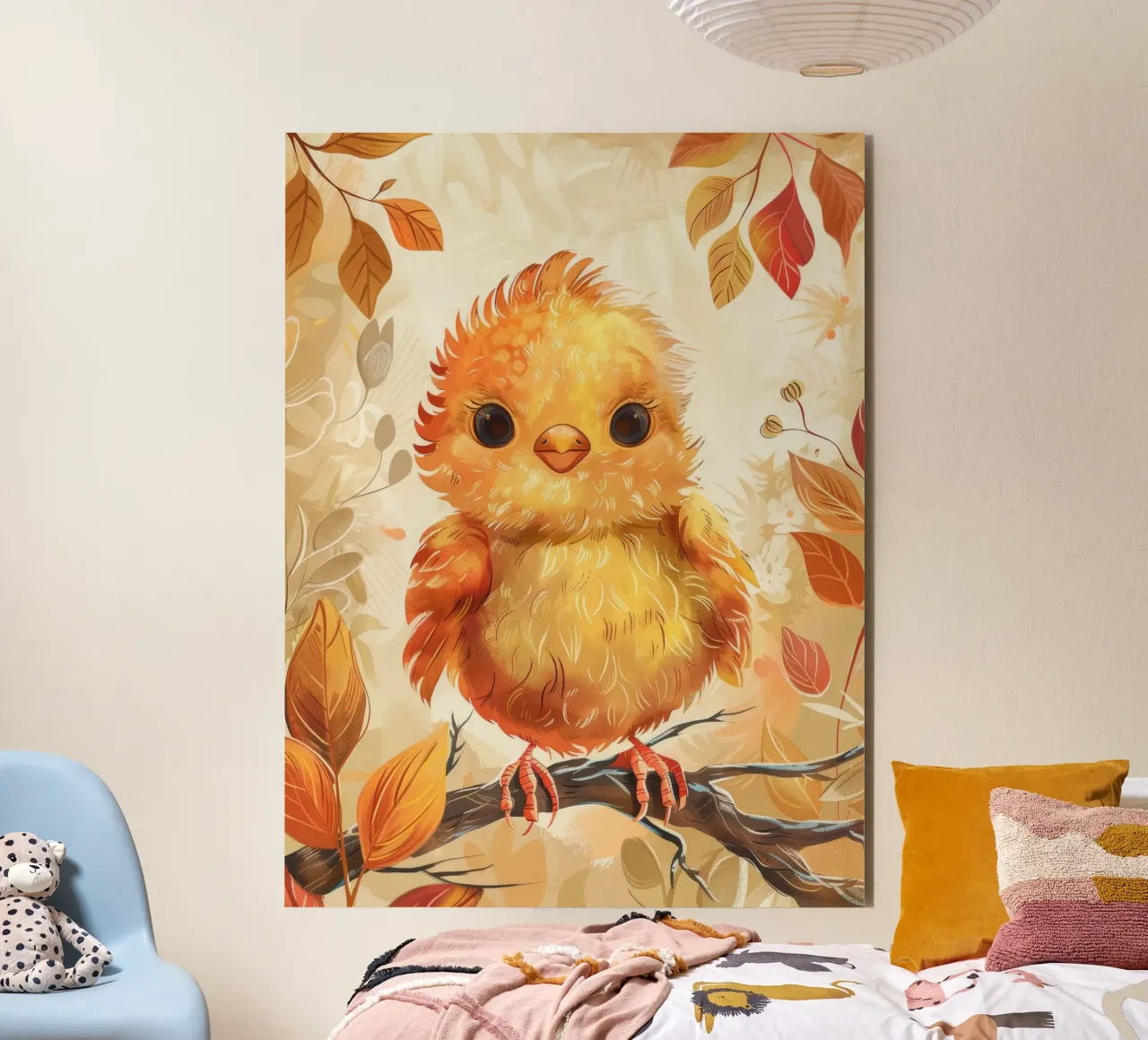 Charmant poussin jaune perché sur une branche entouré d'automne alu dibond de DesignDoodle