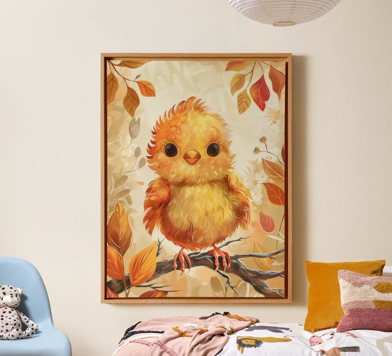 Charming yellow chick perched on branch surrounded by autum canvas with Floater frame by DesignDoodle