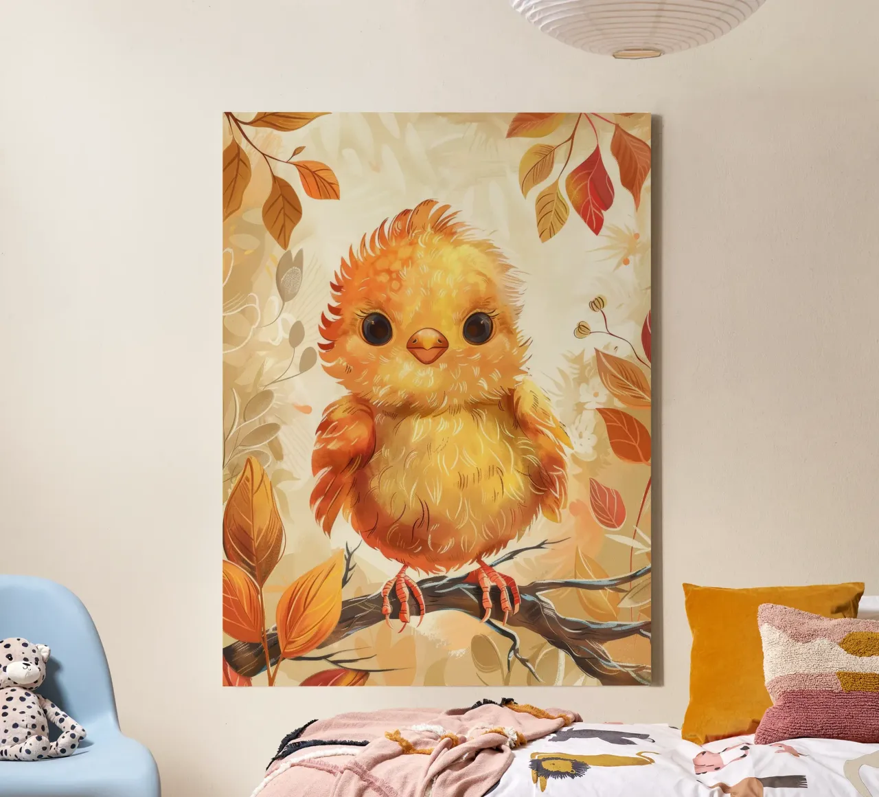 Charming yellow chick perched on branch surrounded by autum canvas with Floater frame by DesignDoodle