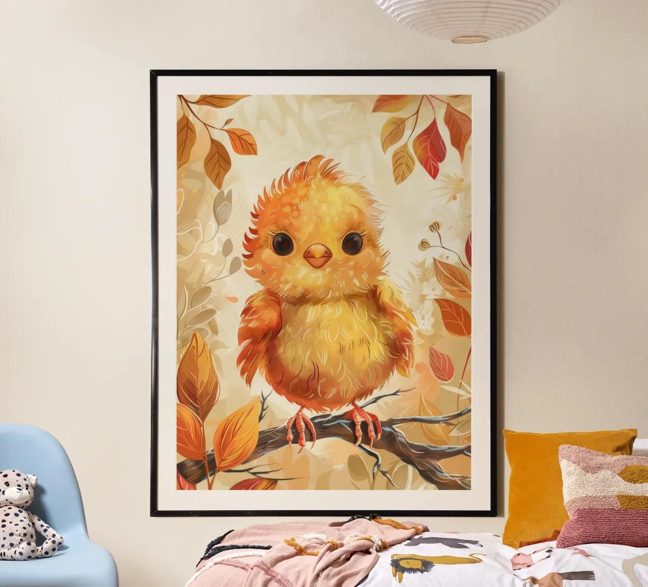 Charmant poussin jaune perché sur une branche entouré d'automne poster de DesignDoodle