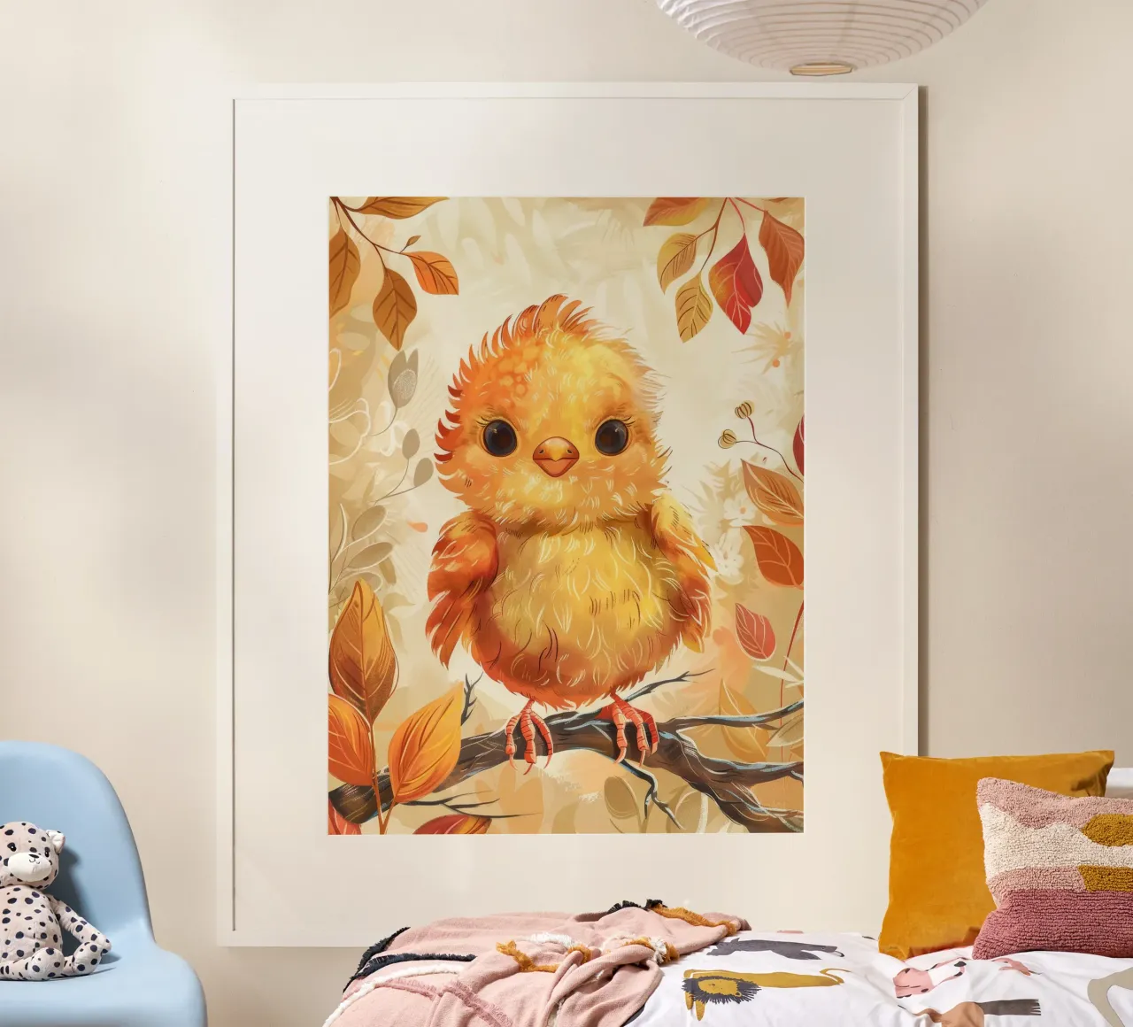 Charmant poussin jaune perché sur une branche entouré d'automne poster de DesignDoodle