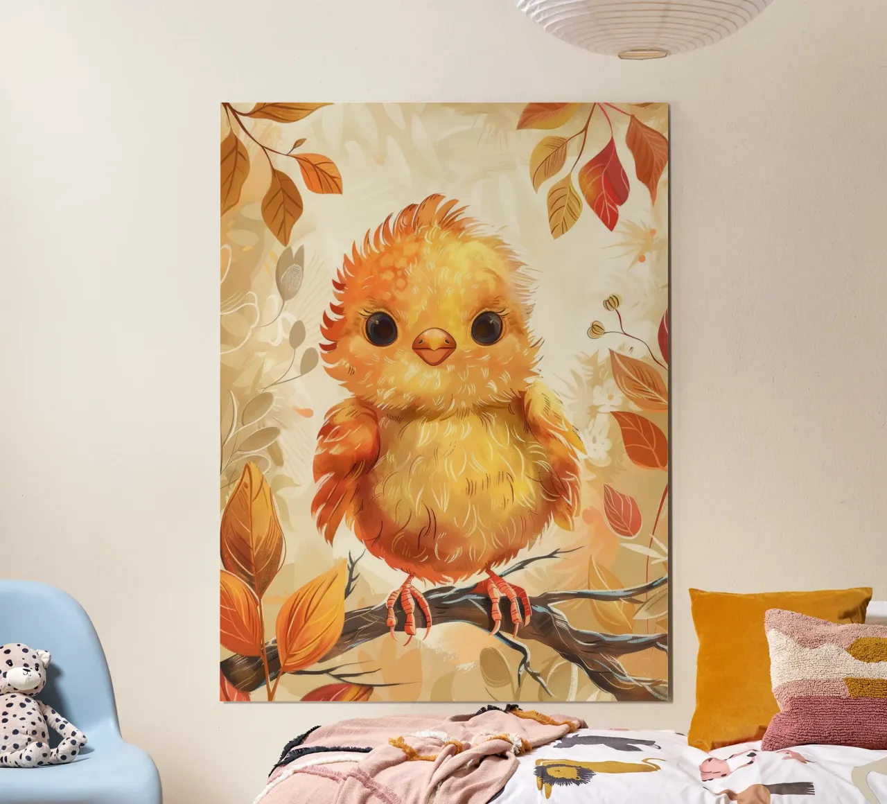 Charmant poussin jaune perché sur une branche entouré d'automne poster de DesignDoodle