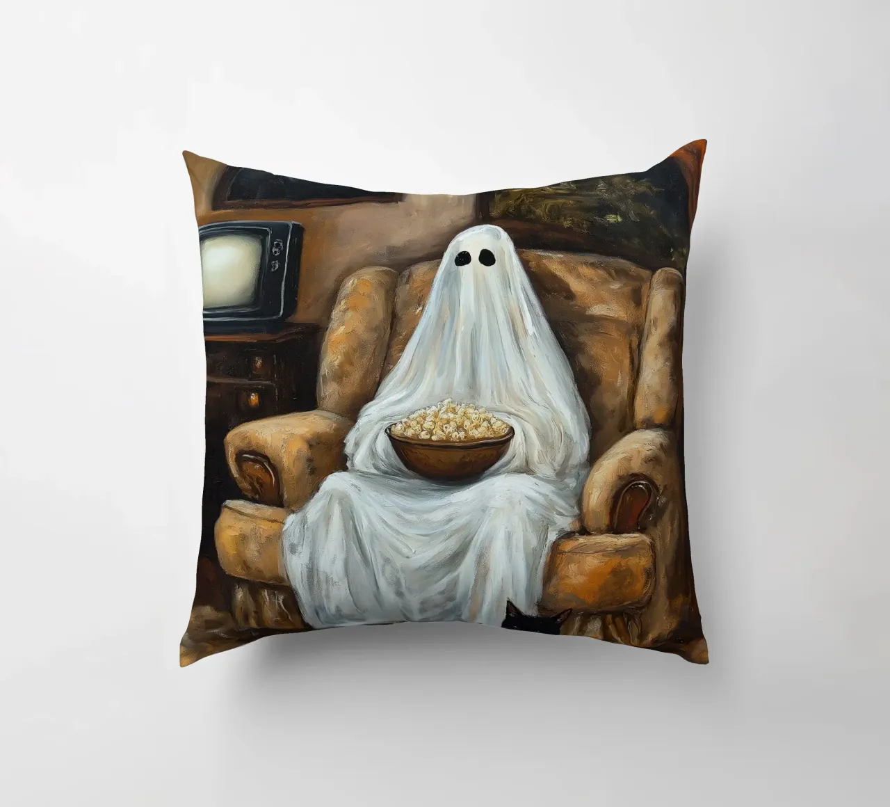 Halloween Ghost Watch Movies with Popcorn and Cat decorative cushion by Fleur de Lys