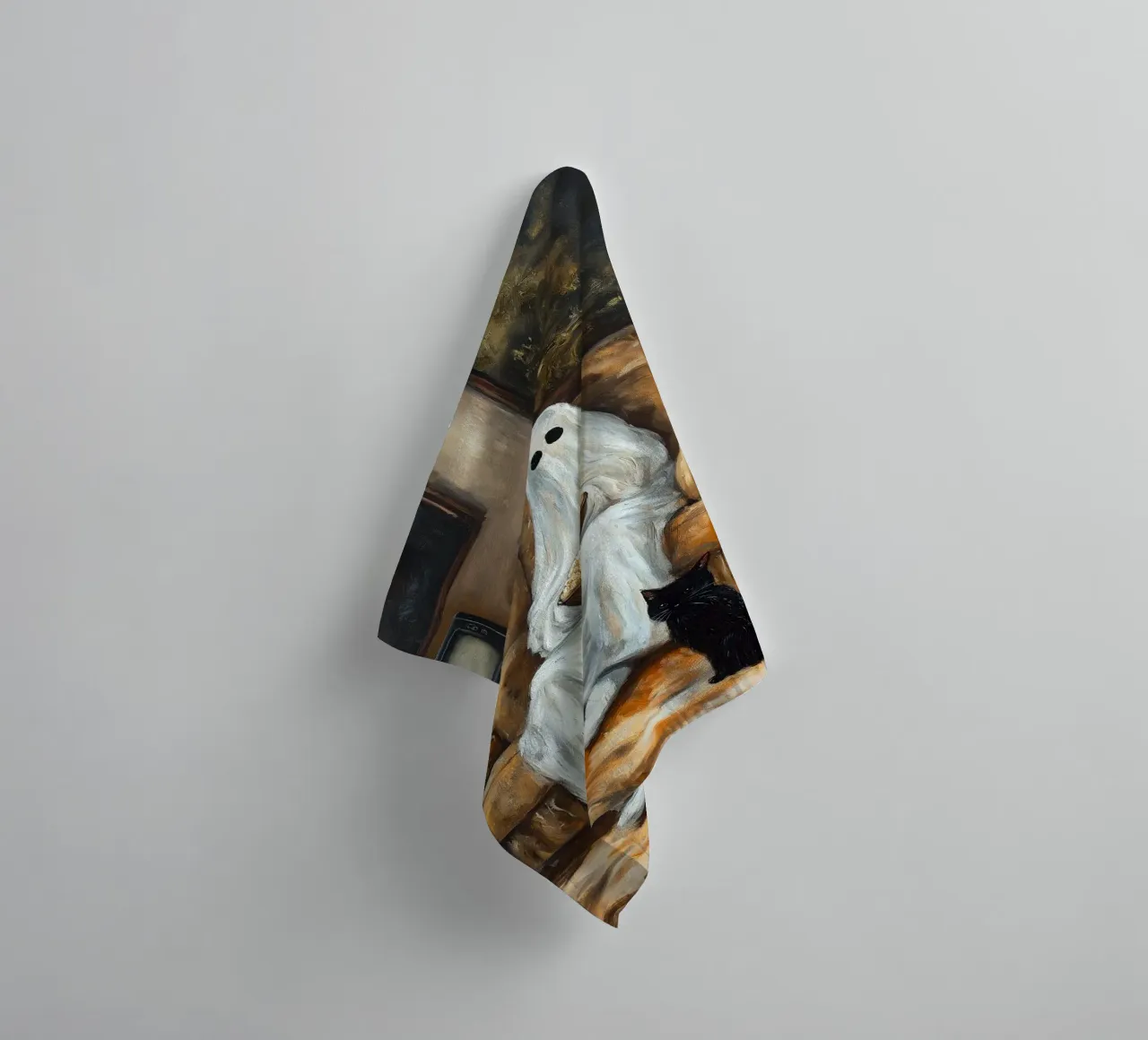 Halloween Ghost Watch Movies with Popcorn and Cat towel by Fleur de Lys