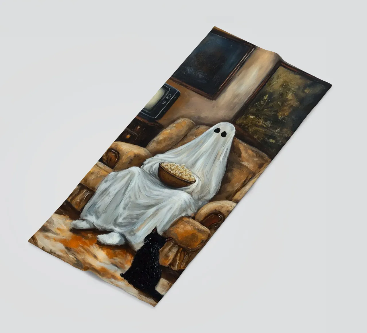 Halloween Ghost Watch Movies with Popcorn and Cat beach towel by Fleur de Lys