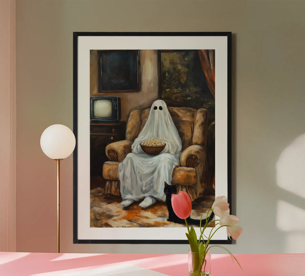 Halloween Ghost Watch Movies with Popcorn and Cat hahnemühle by Fleur de Lys