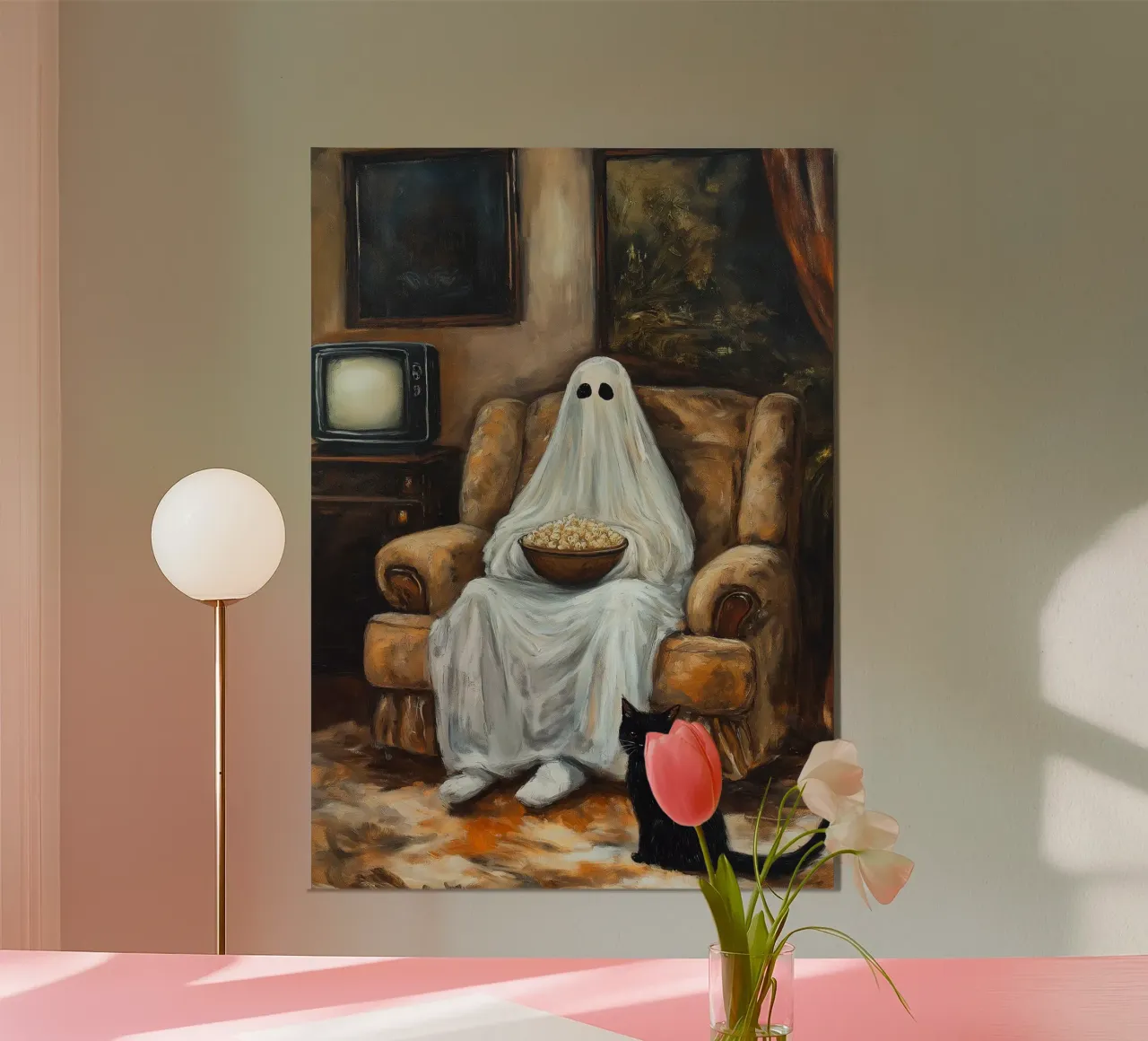 Halloween Ghost Watch Movies with Popcorn and Cat hahnemühle by Fleur de Lys