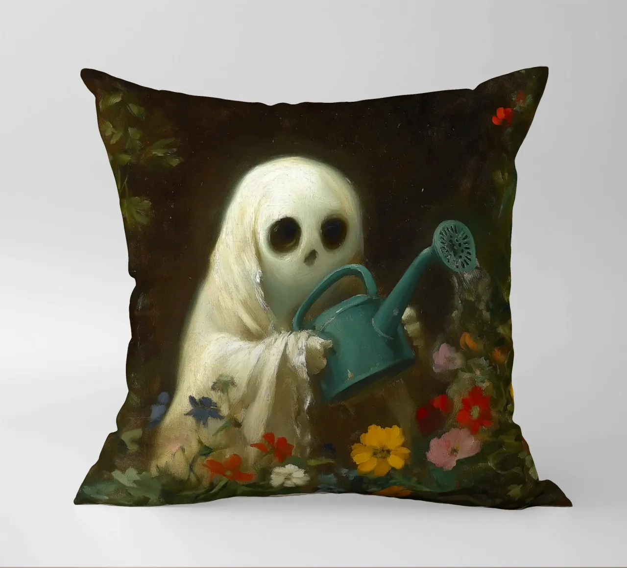 Fantasma di Halloween che innaffia i fiori in giardino cuscino da Fleur de Lys