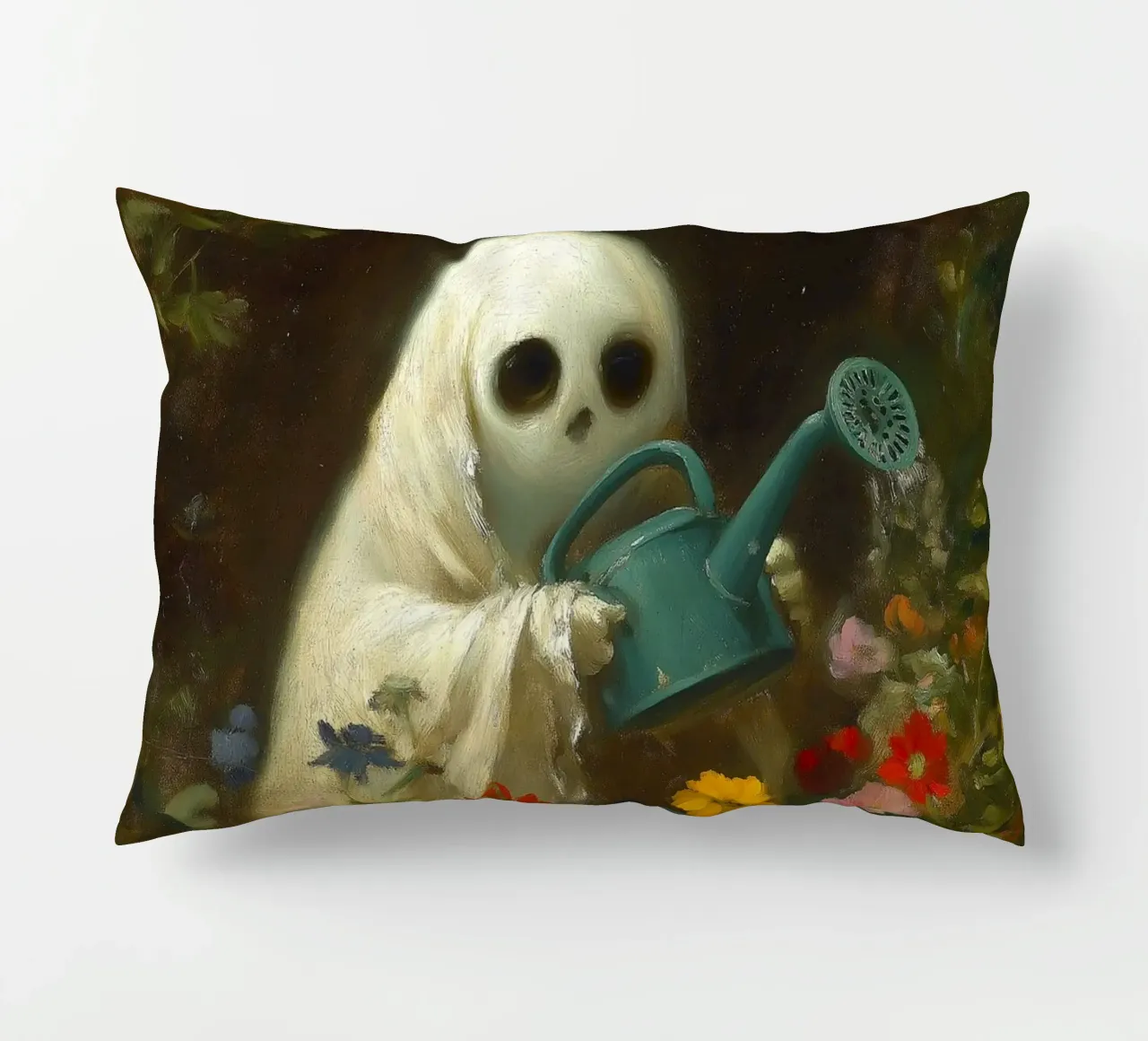 Fantasma di Halloween che innaffia i fiori in giardino cuscino da Fleur de Lys