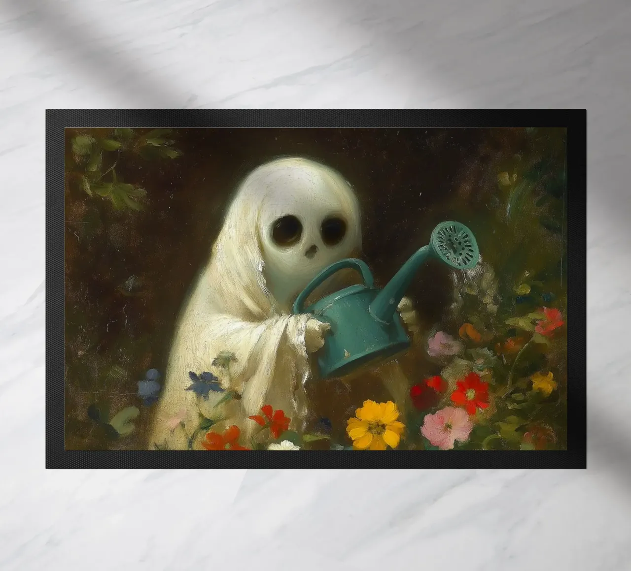 Fantasma di Halloween che innaffia i fiori in giardino zerbino da Fleur de Lys