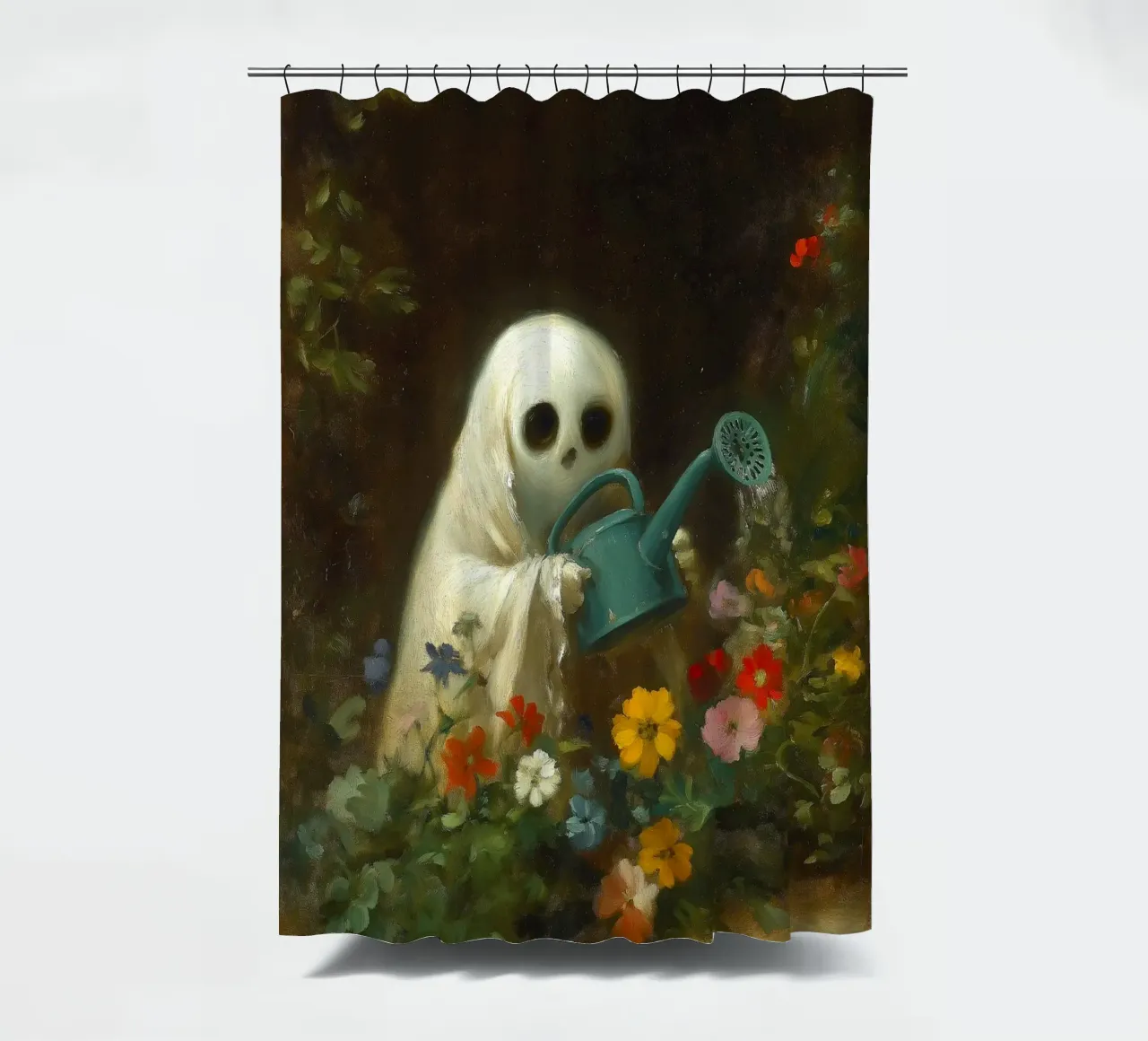 Halloween-Gespenst bewässert Blumen im Garten Duschvorhang von Fleur de Lys