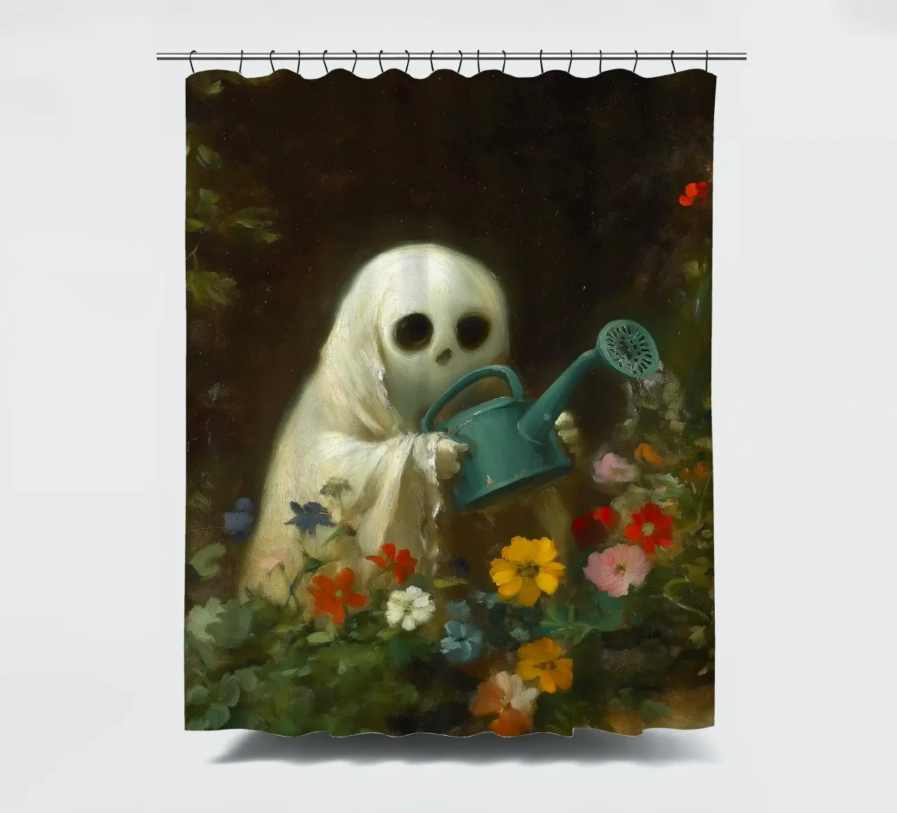 Halloween-Gespenst bewässert Blumen im Garten Duschvorhang von Fleur de Lys