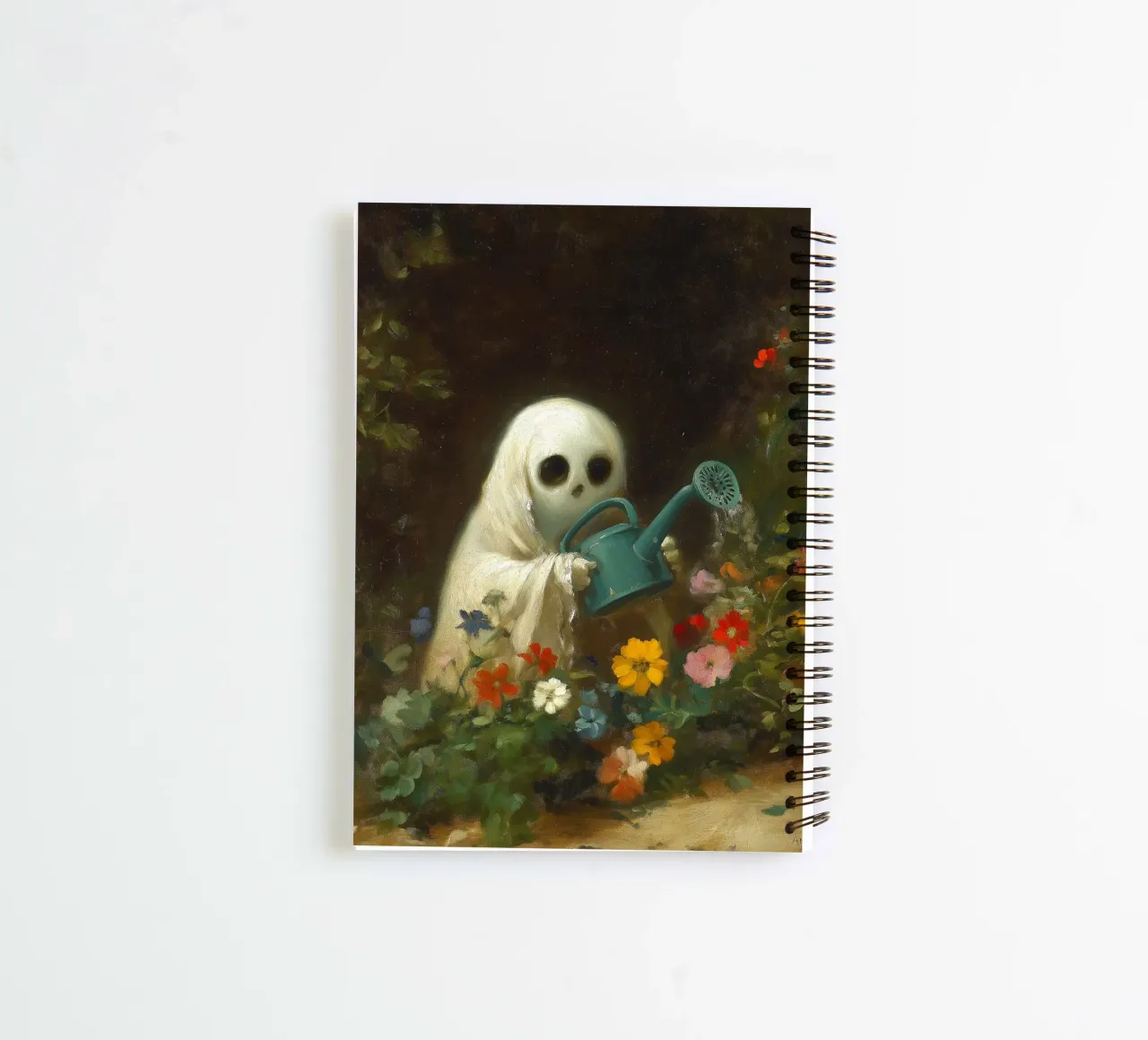 Halloween Ghost Watering Flowers in Garden spiral notebook by Fleur de Lys