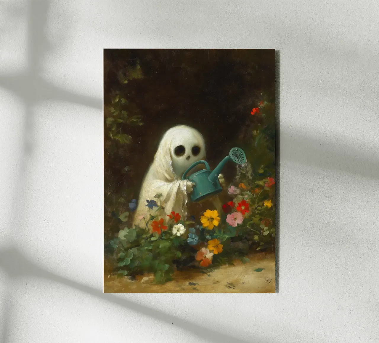 Fantasma di Halloween che innaffia i fiori in giardino alluminio dibond da Fleur de Lys