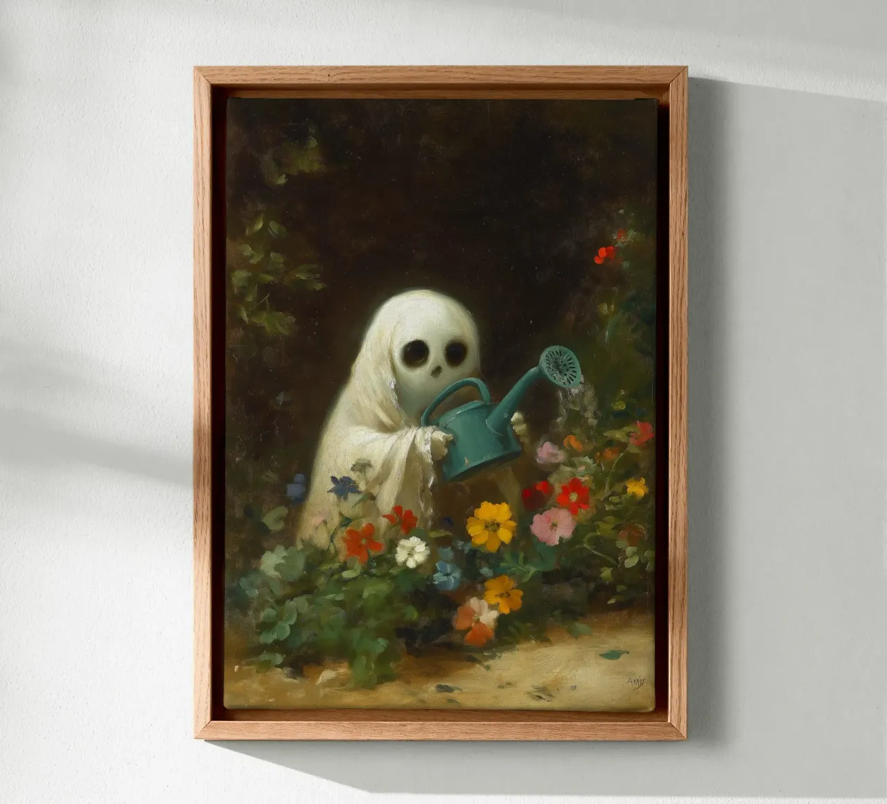 Fantasma di Halloween che innaffia i fiori in giardino tela con Cornice a cassetta da Fleur de Lys