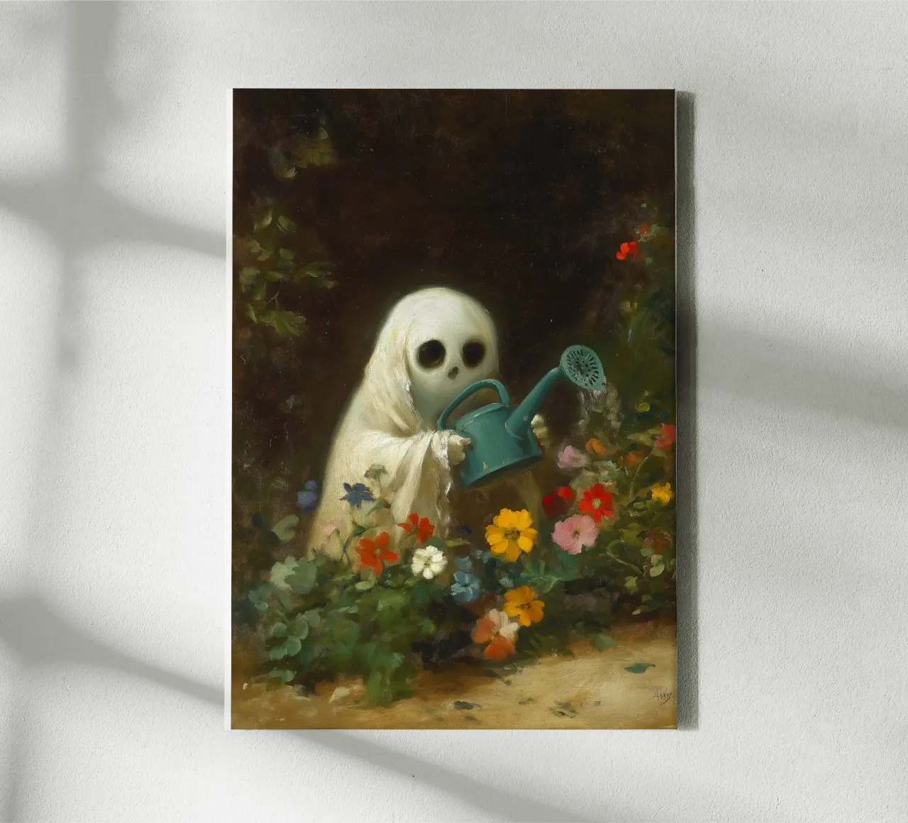 Fantasma di Halloween che innaffia i fiori in giardino tela con Cornice a cassetta da Fleur de Lys