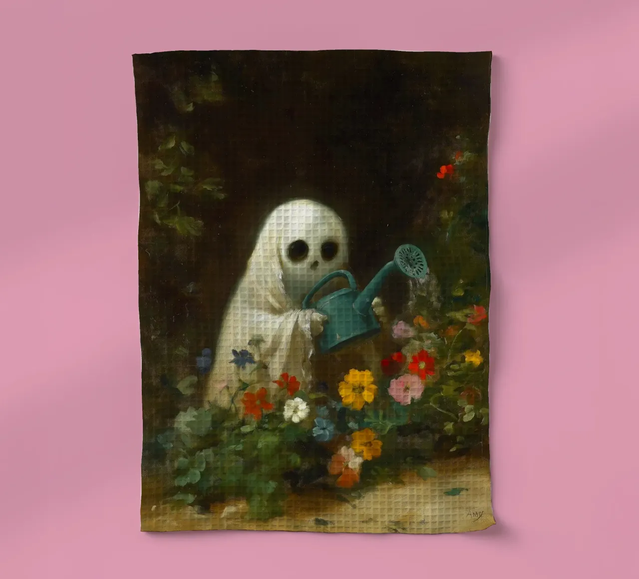 Fantôme d'Halloween arrosant des fleurs dans le jardin torchon de Fleur de Lys