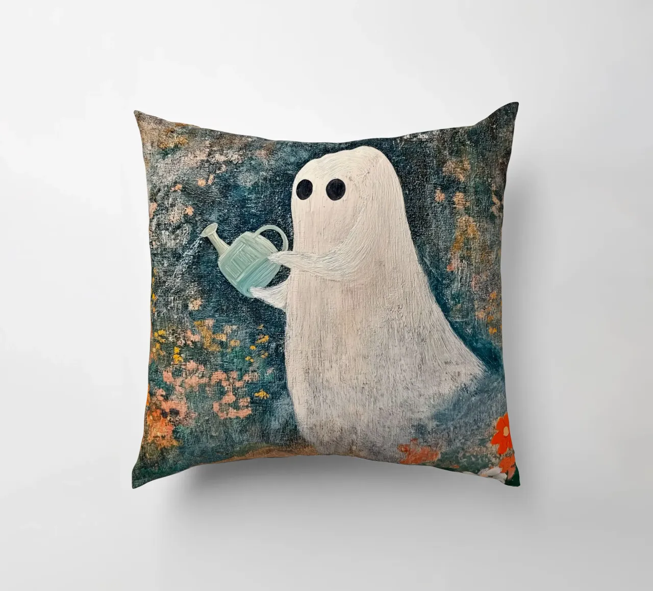 Fantasma di Halloween che innaffia i fiori in giardino cuscino da Fleur de Lys