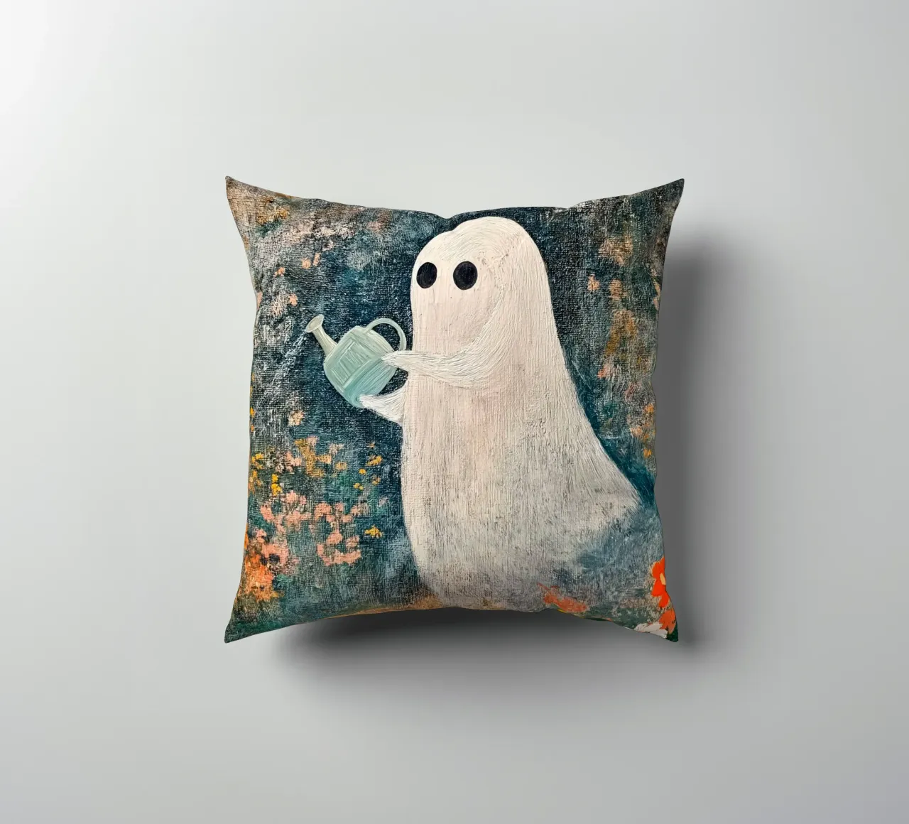 Fantasma di Halloween che innaffia i fiori in giardino cuscino da Fleur de Lys