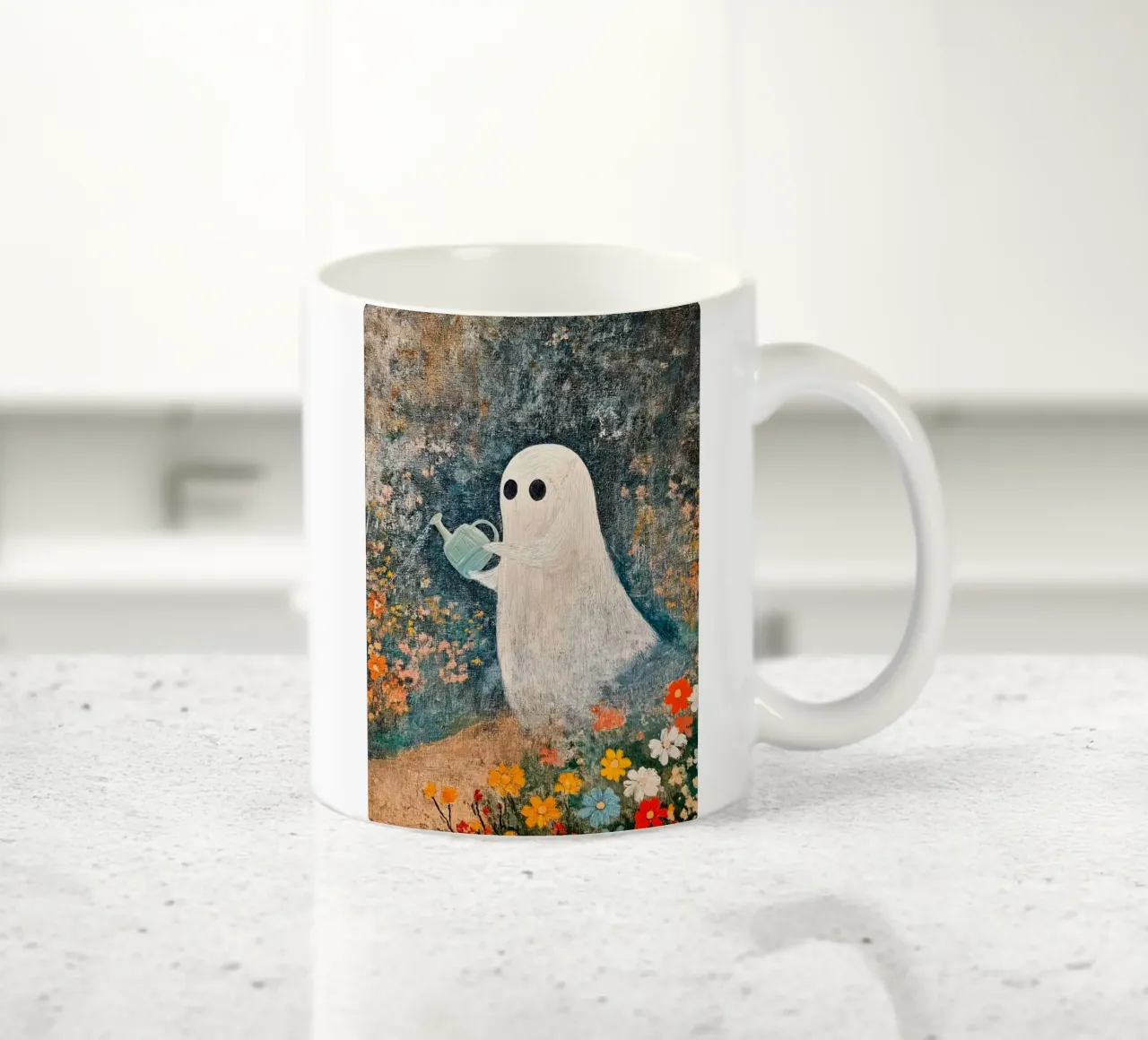 Fantasma di Halloween che innaffia i fiori in giardino tazza in ceramica da Fleur de Lys