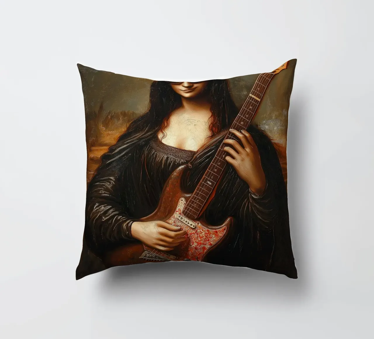 Mona Lisa Play Electric Guitar decorative cushion by Fleur de Lys