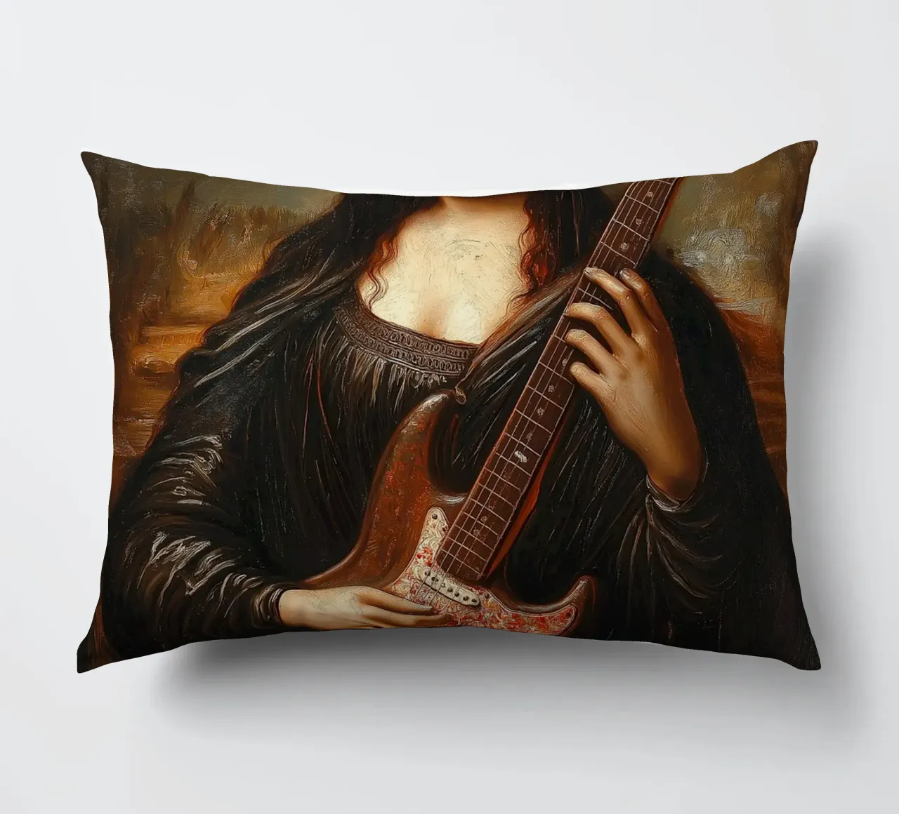 Mona Lisa Play Electric Guitar decorative cushion by Fleur de Lys