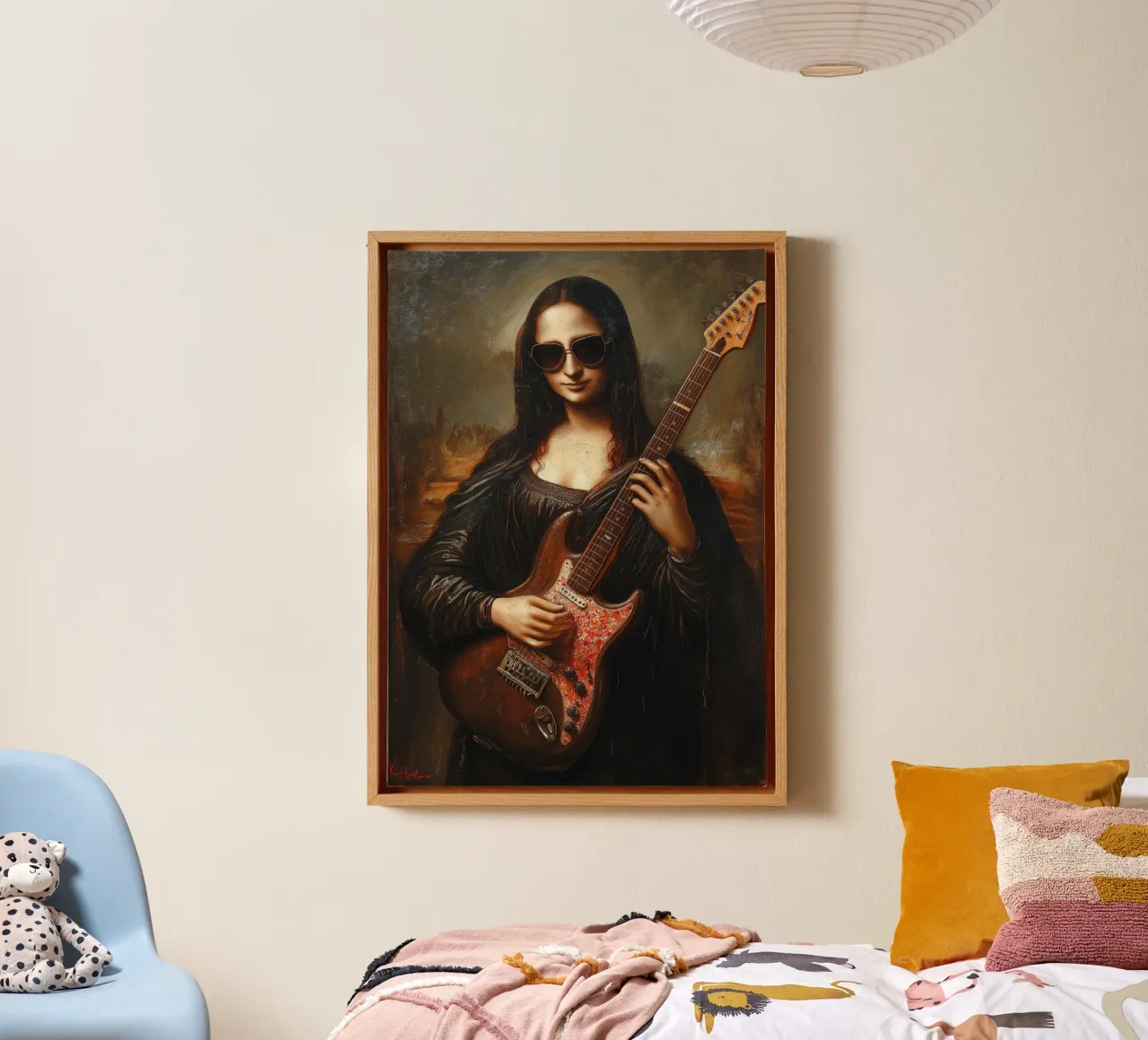 Mona Lisa spielt E-Gitarre Leinwand mit Schattenfugenrahmen von Fleur de Lys