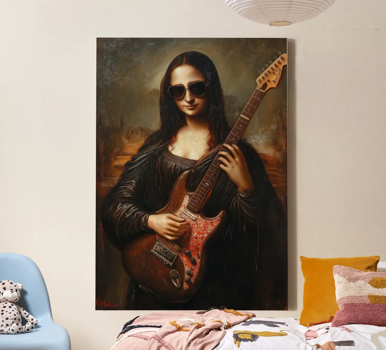Mona Lisa spielt E-Gitarre Leinwand mit Schattenfugenrahmen von Fleur de Lys