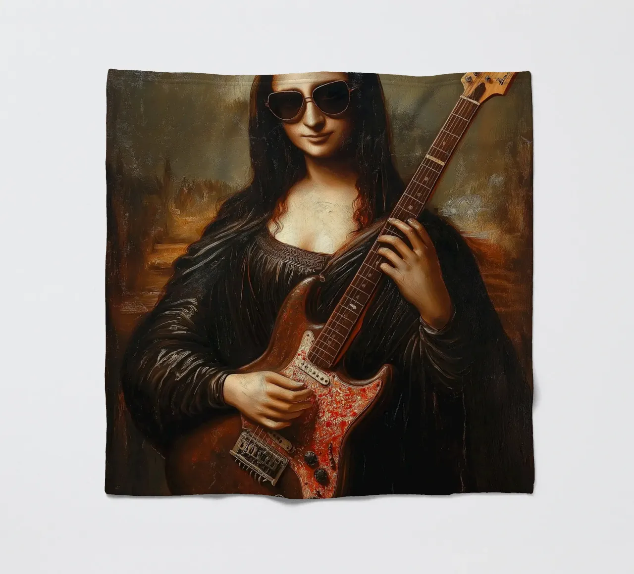 Mona Lisa Play Electric Guitar fleece blanket by Fleur de Lys