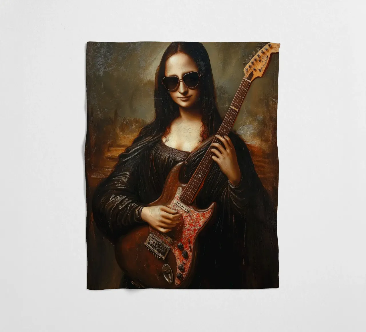 Mona Lisa Play Electric Guitar fleece blanket by Fleur de Lys